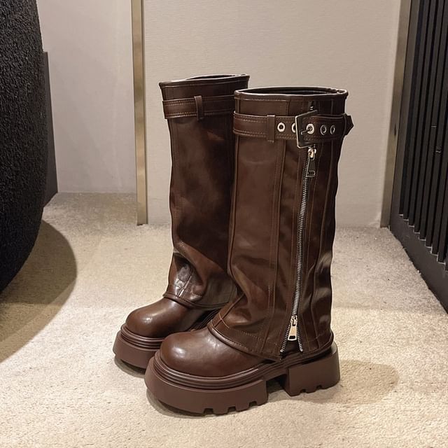 High Knee Panel Buckled Platform Boots Zip