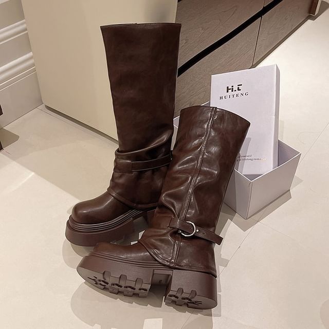 Boots Buckled Panel Platform High Knee