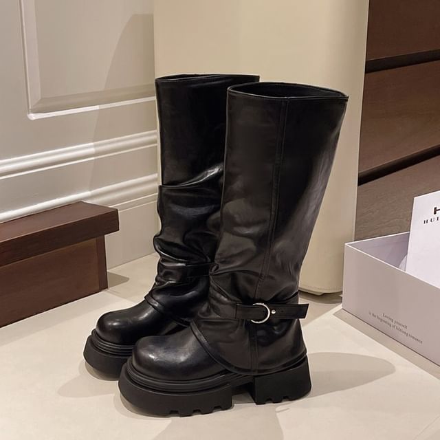 Boots Buckled Panel Platform High Knee