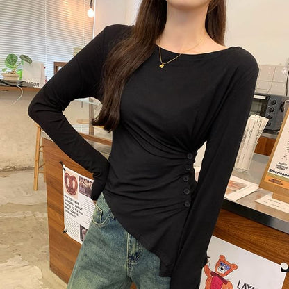 Long Sleeve Off Shoulder Plain Ruched Buttoned Tee