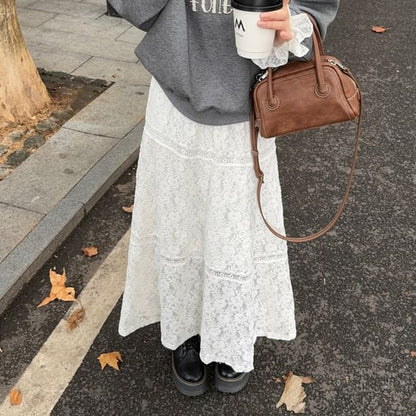 High Rise Lace A-Line Maxi Skirt / Round Neck Lettering Oversized Sweatshirt