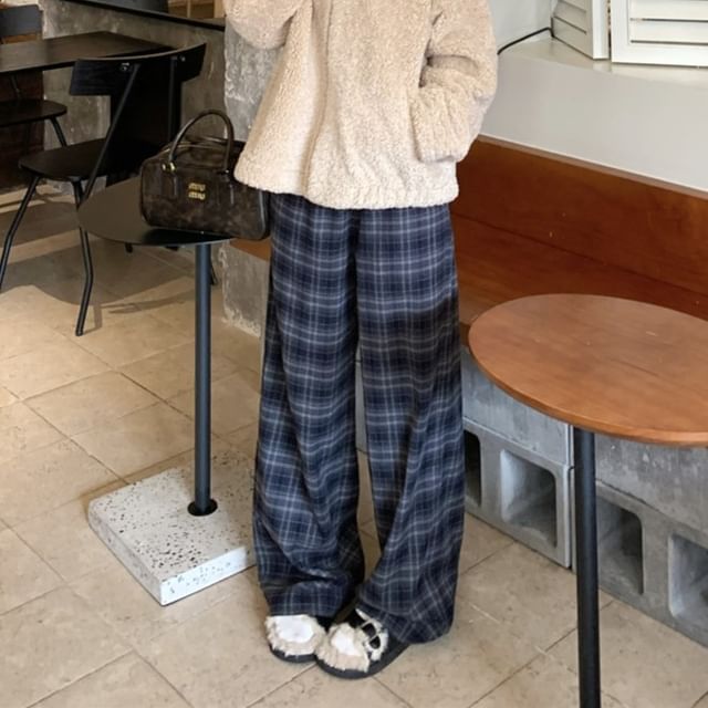 Hooded Plain Fleece Zip Up Jacket / Mid Waist Plaid Wide Leg Pants