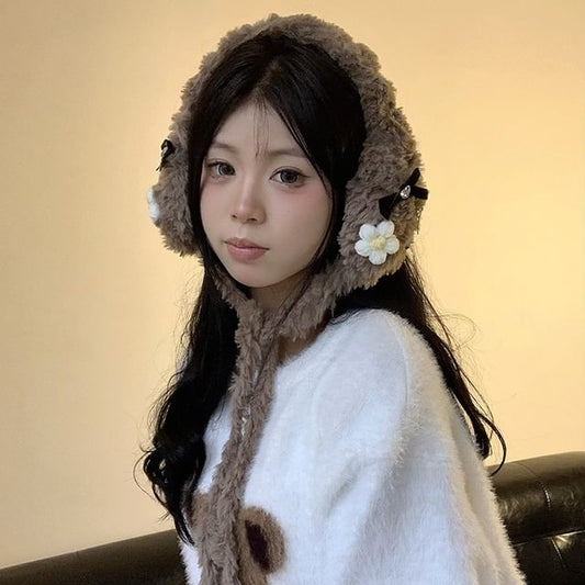 Flower Fluffy Bow Earmuffs Crochet