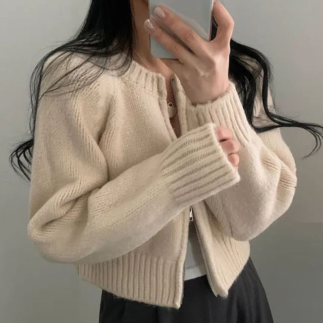 Round Neck Plain Zip Cardigan