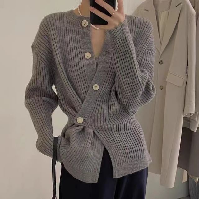 Asymmetrical Ribbed-Knit Round-Neck Cardigan in 5 Colors