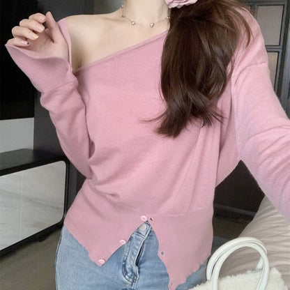 Long Sleeve Off Shoulder Plain Slit Knit Top