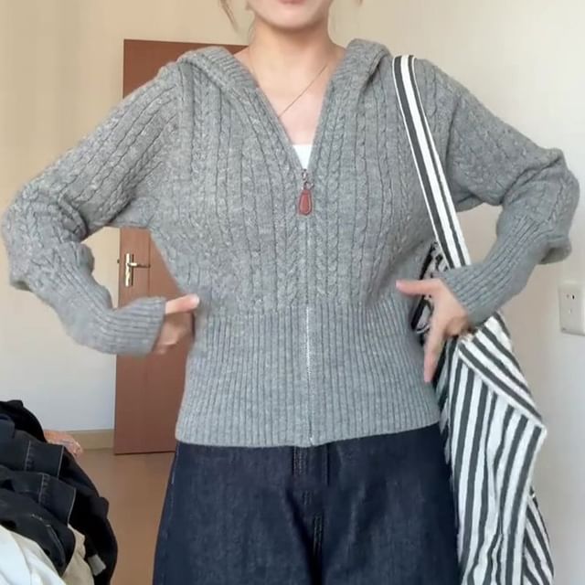 Hooded Cable-Knit Zip-Up Cropped Cardigan