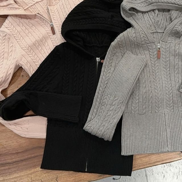 Hooded Cable-Knit Zip-Up Cropped Cardigan
