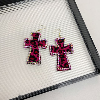 Rhinestone Leopard Cross Drop Earring