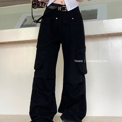 Mid Rise Plain Wide Leg Cargo Jeans