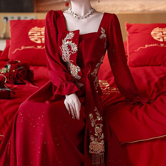 Long-Sleeve Square Neck Embroidered A-Line Evening Gown