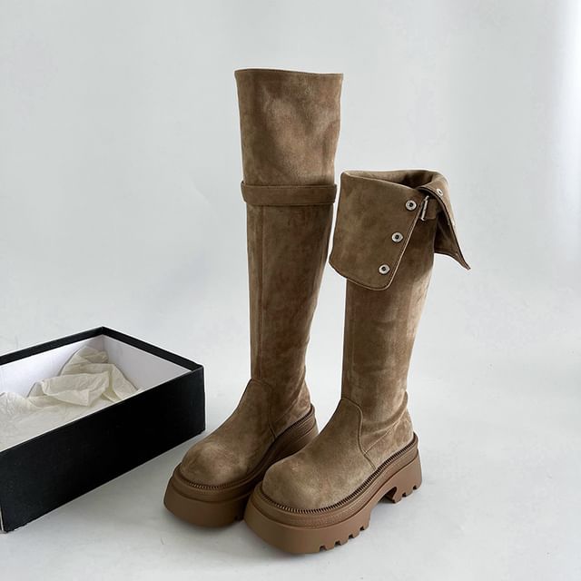 Over The Platform Suede Boots Button Buckled Knee Faux