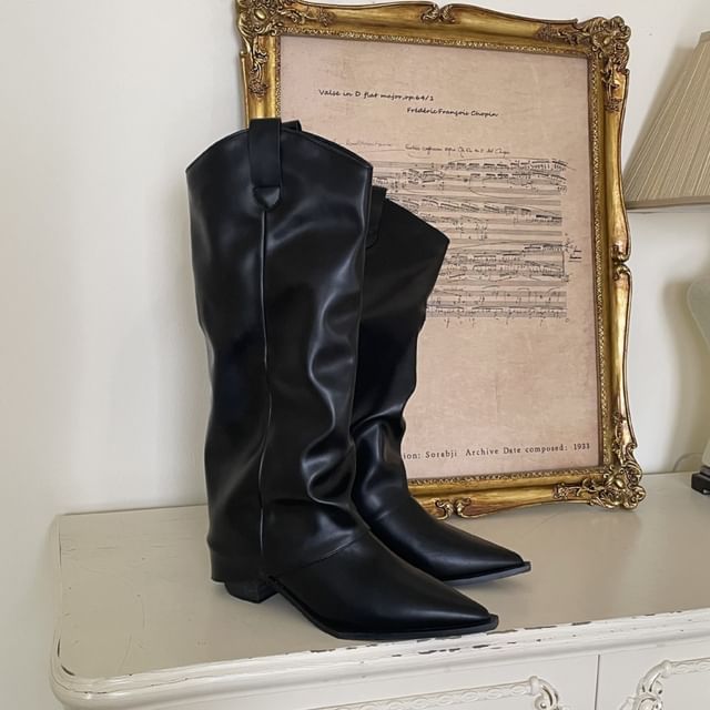 Chunky Heel Pointed Toe Plain Faux Leather Tall Boots