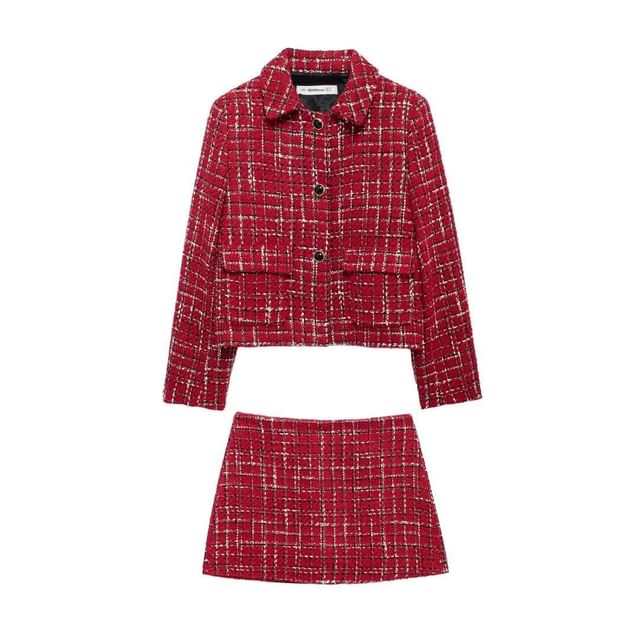 Collar Plaid Tweed Button Jacket / Skort