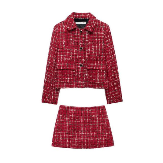 Collar Plaid Tweed Button Jacket / Skort