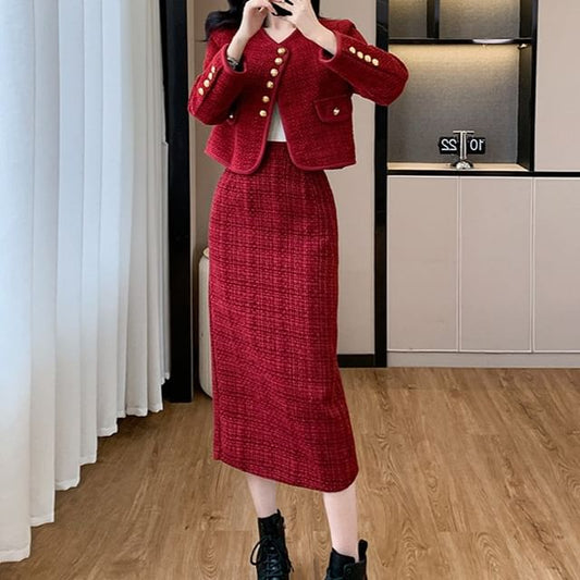 Set: V-Neck Plain Button-Up Tweed Crop Jacket + High Waist Pencil Skirt (Various Designs)