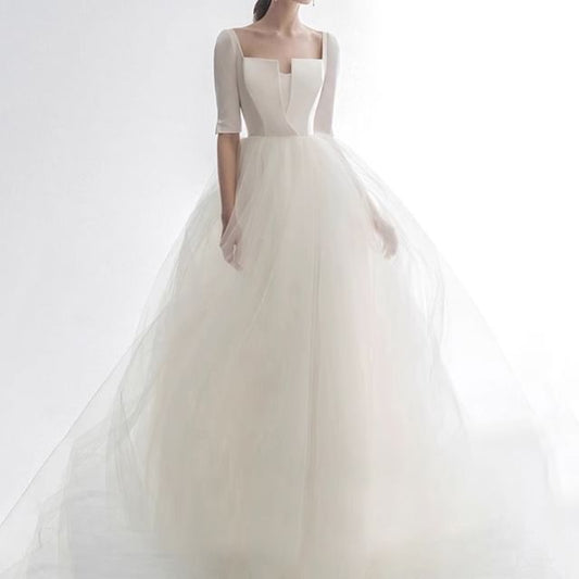 Elbow-Sleeve Square Neck Plain Mesh Panel A-Line Wedding Gown