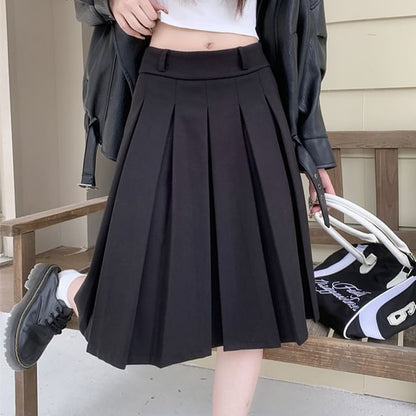 High Waist Plain Pleated A-Line Skirt