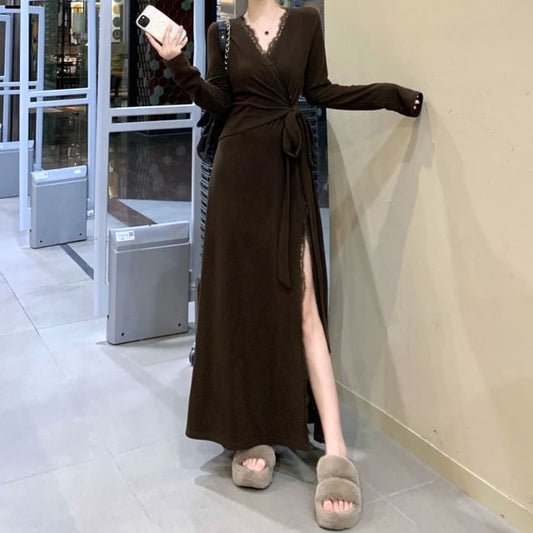 Long Sleeve V-Neck Plain Wrap Slit Maxi A-Line Dress