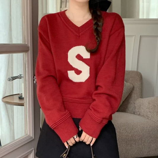 V-Neck Lettering Sweater