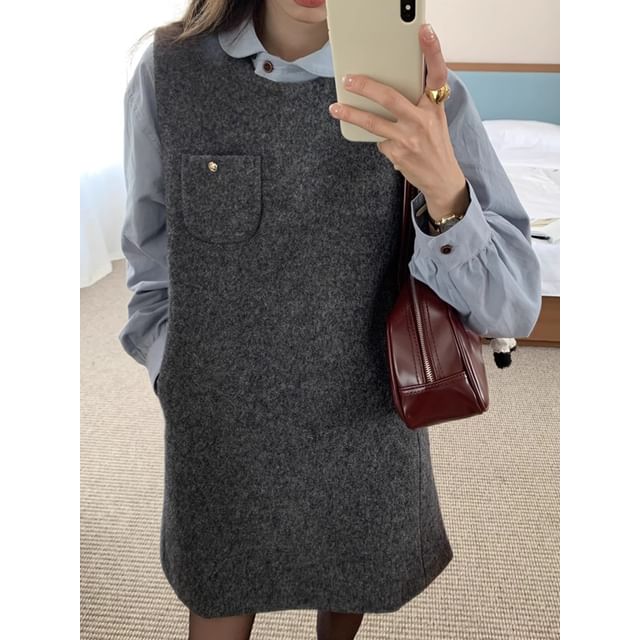 Puff-Sleeve Plain Shirt / Crew Neck Mini Jumper Dress