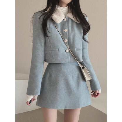 Set: Plain Fluffy Trim Single-Breasted Jacket + High Waist Mini A-Line Skirt