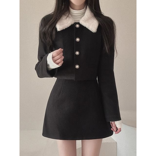 Set: Plain Fluffy Trim Single-Breasted Jacket + High Waist Mini A-Line Skirt