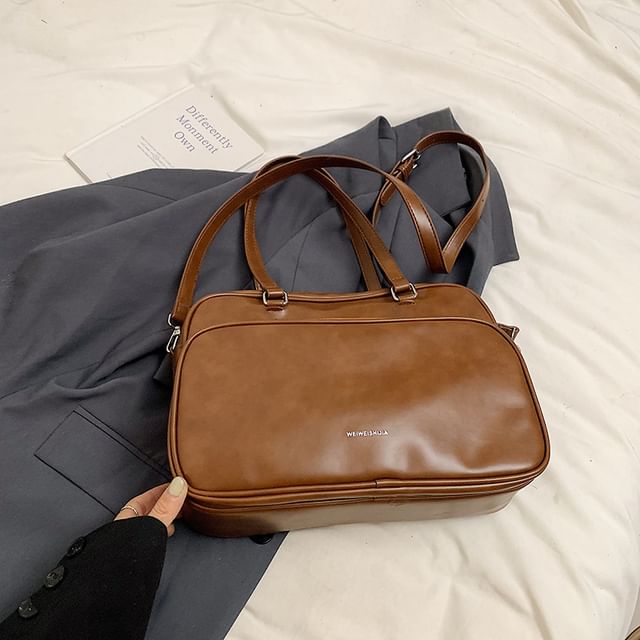 Bag Tote Lettering Leather Faux Multi-Pocket