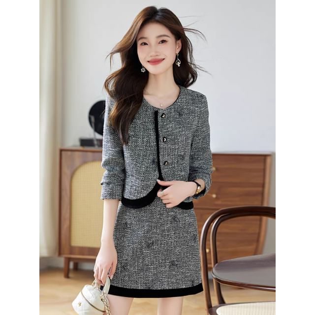 Set: Round Neck Tweed Button Jacket + High Waist Mini A-Line Skirt