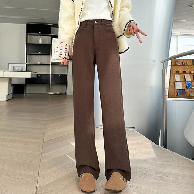 High Rise Plain Pleated Fleece-Lined Corduroy Loose Fit Pants