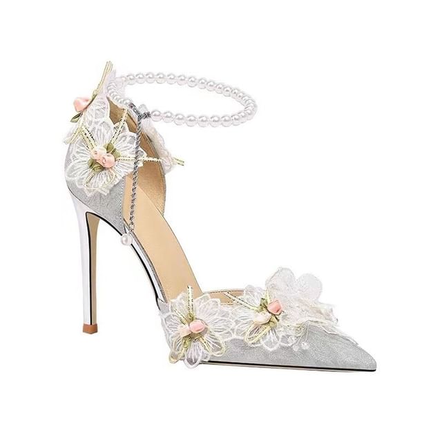 Accent Pointed Floral Ankle Faux Pumps D'Orsay Strap Toe Stiletto Pearl
