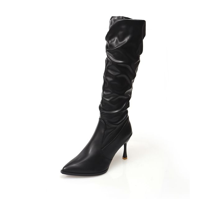 Toe Leather Tall High Plain Faux Boots Pointed Heel