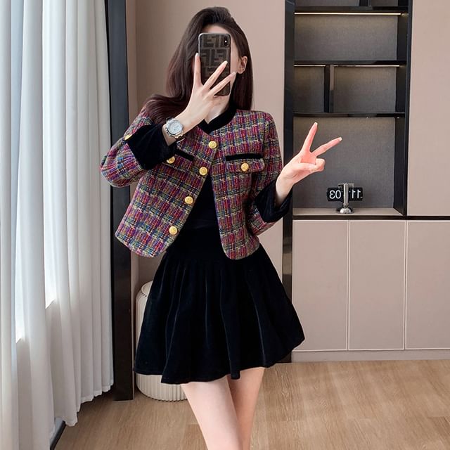 Round Neck Plaid Tweed Button Jacket / High Waist Plain Velvet Mini A-Line Skirt / Set