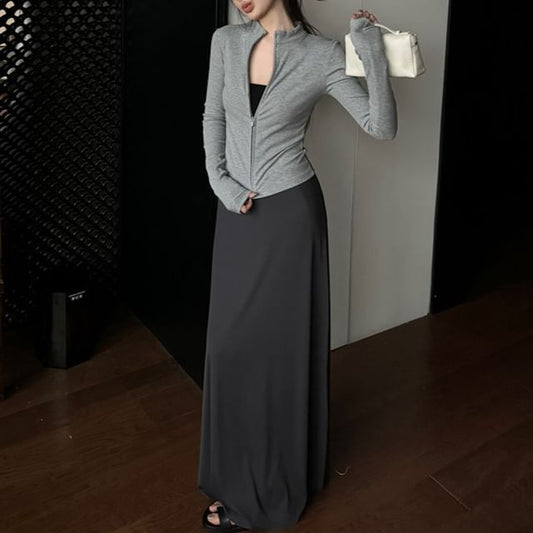 Stand Collar Plain Slim Fit Zip-Up Jacket / High Waist Maxi A-Line Skirt