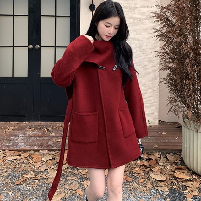 Mock Neck Wrapped Plain Long Coat