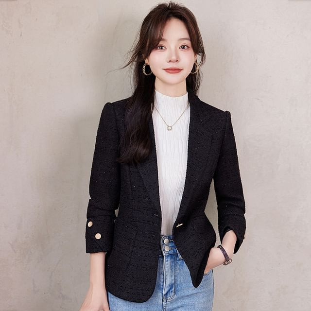 Lapel Collar Plain Tweed Single Button Blazer