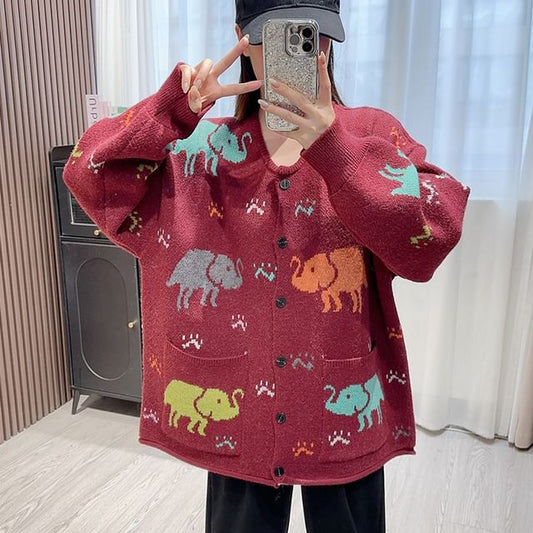 Round Neck Elephant Jacquard Cardigan