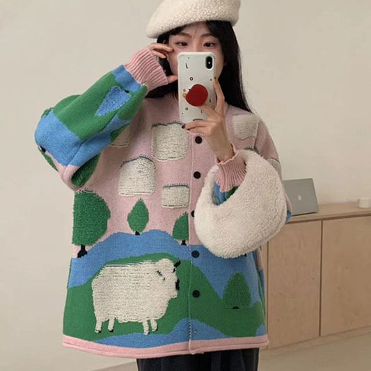 Round Neck Sheep Jacquard Cardigan