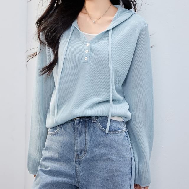 Two Hoodie Mock Two-Piece V-Neck Knit Tone