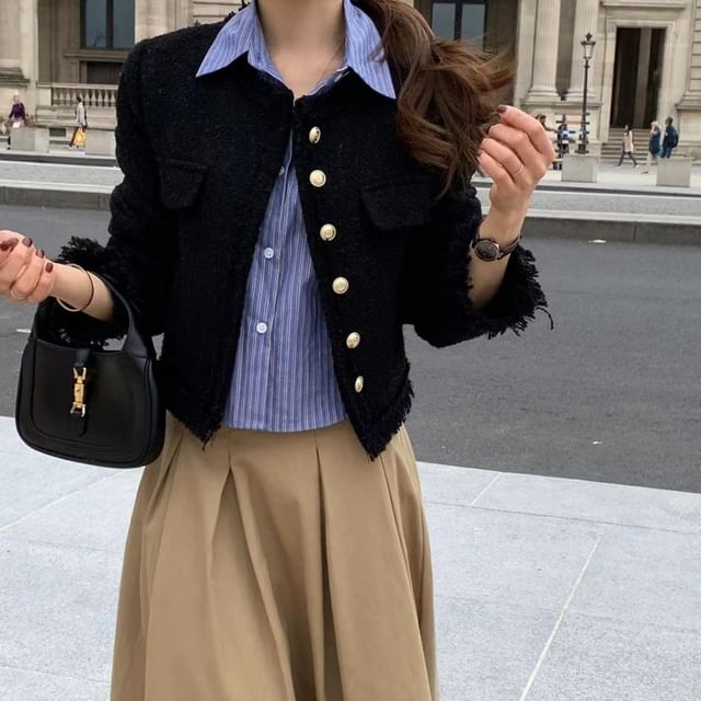 V-Neck Tweed Button-Up Jacket