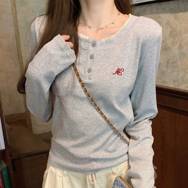 Long-Sleeve Embroidered Half Buttoned Top