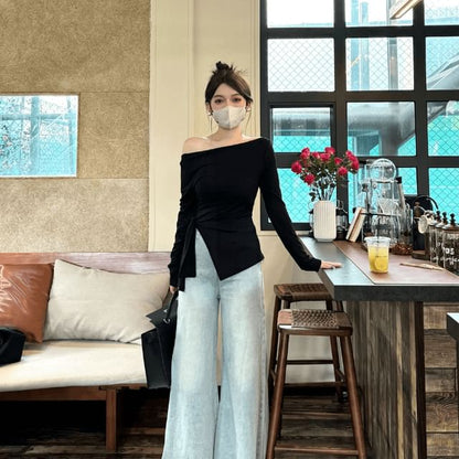 Long-Sleeve Off Shoulder Asymmetrical Plain Top