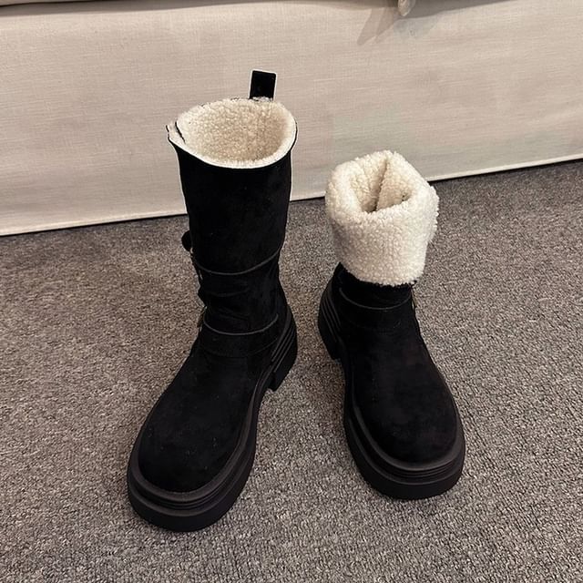 Boots Fur Mid Calf Buckled Faux