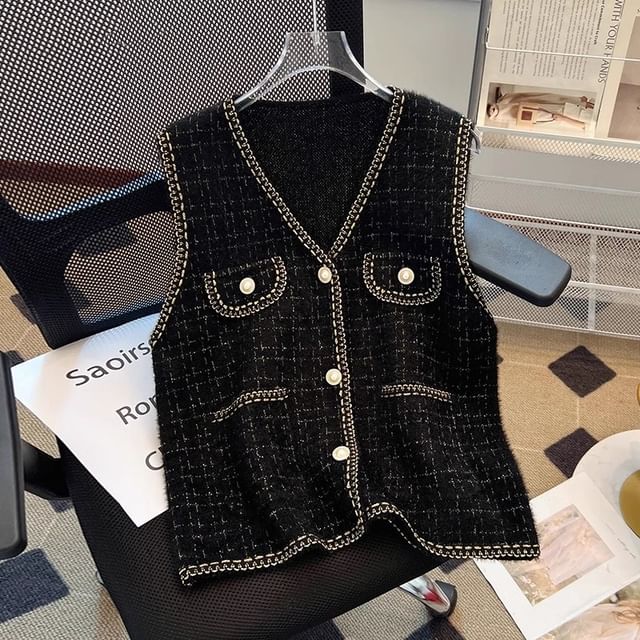 Sleeveless V-Neck Faux Pearl Button Tweed Vest