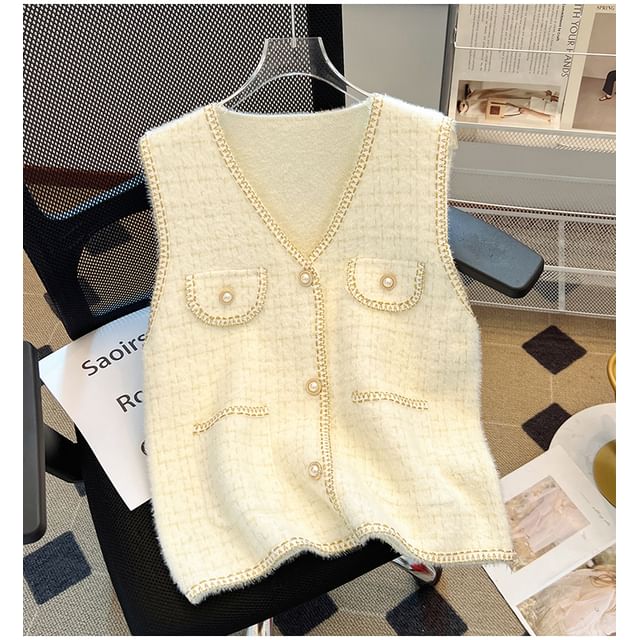 Sleeveless V-Neck Faux Pearl Button Tweed Vest