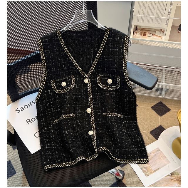 Sleeveless V-Neck Faux Pearl Button Tweed Vest