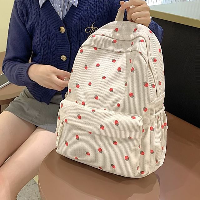 Multi-Pocket Backpack Strawberry Print