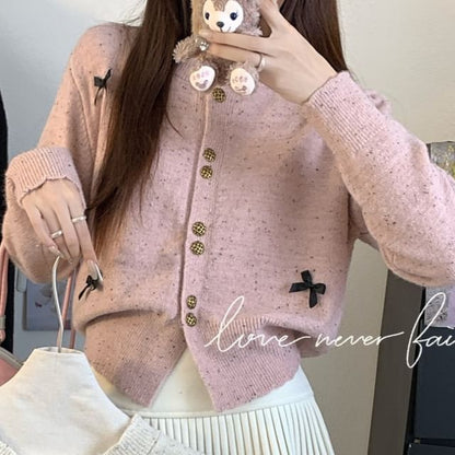 Crew Neck Bow Melange Cardigan