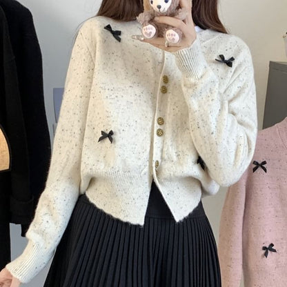 Crew Neck Bow Melange Cardigan