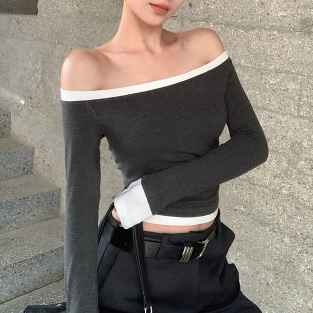 Long Sleeve Off Shoulder Contrast Trim Top